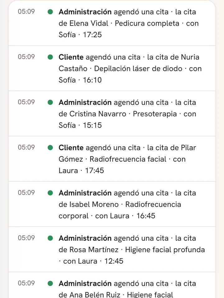 Actividad del centro en la app: cada cita agendada, con su servicio, su profesional y su hora