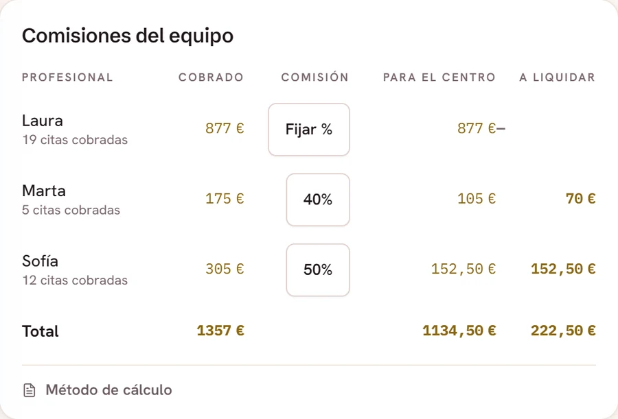 Informe «Comisiones del equipo»: lo cobrado por cada profesional, su porcentaje, la parte del centro y lo que hay que liquidar