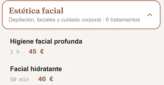 Lista de tratamientos en la página de reservas, cada uno con su duración y su precio