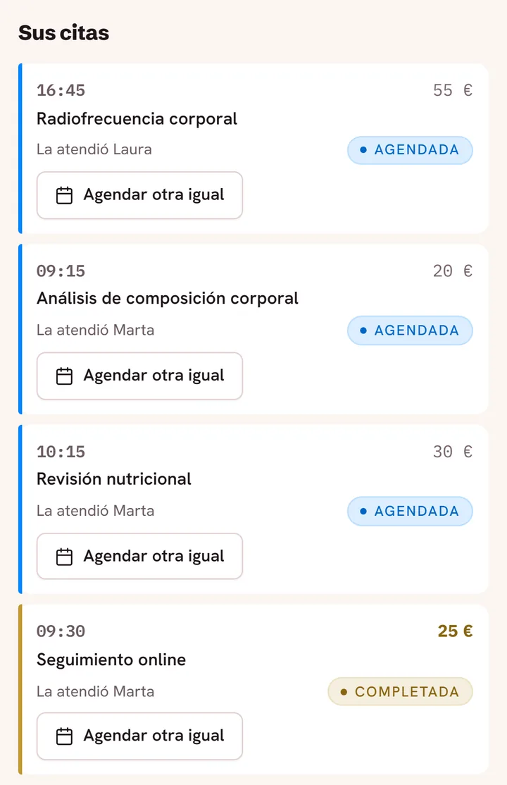 Ficha de una clienta en la app, bloque «Sus citas»: Radiofrecuencia corporal, la atendió Laura. Análisis de composición corporal, la atendió Marta. Cada cita con su servicio, quién la atendió y su estado