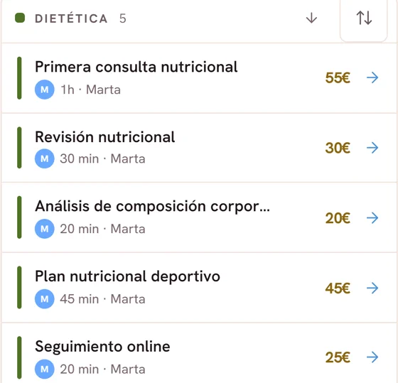 Consultas guardadas en la app con su duración, su profesional y su precio