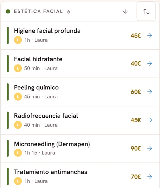 Tratamientos guardados en la app con su duración, su profesional y su precio