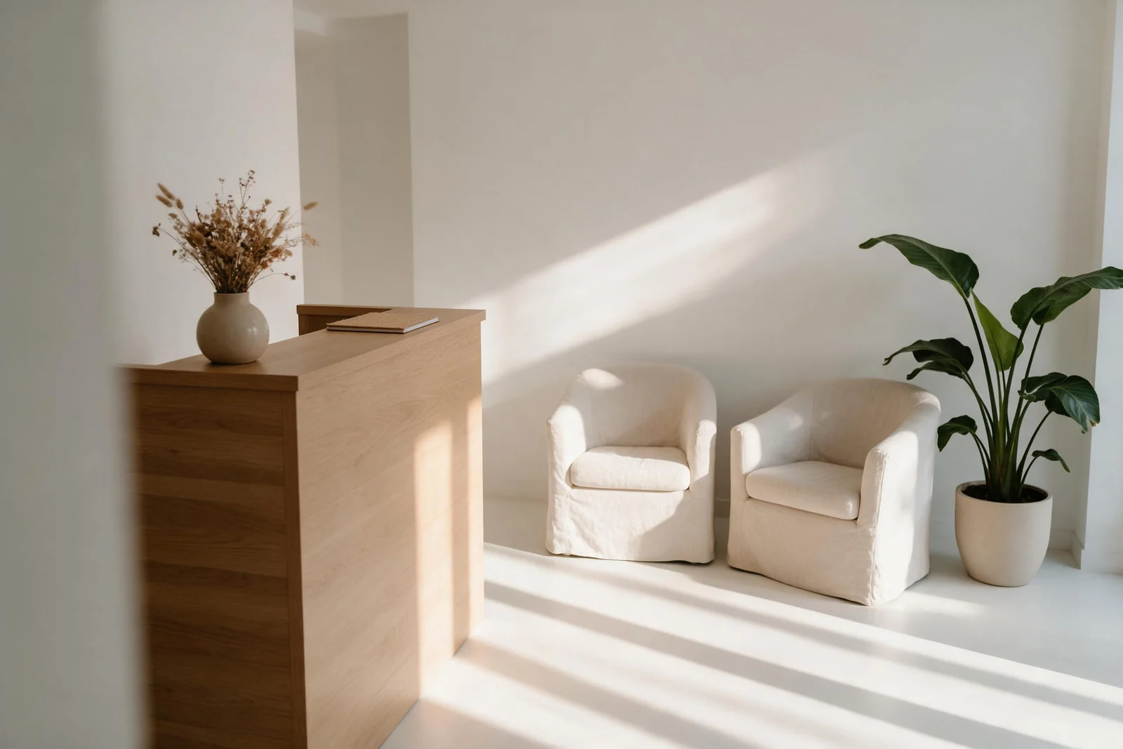 Recepción vacía de un centro de estética con el mostrador de madera y luz de mañana