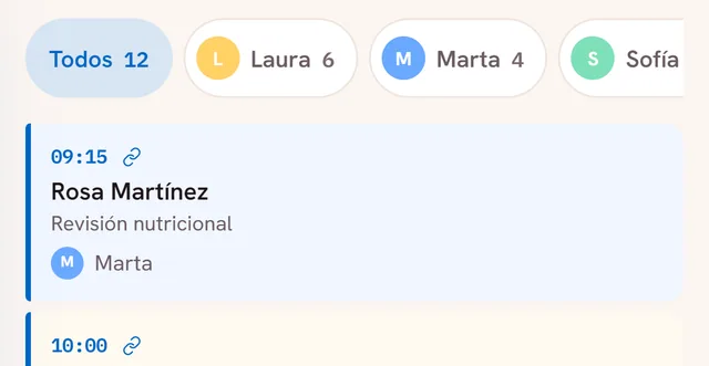Agenda del día en la app: el equipo arriba y la Revisión nutricional de las 9:15 con Marta
