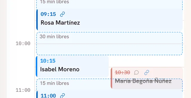 Agenda de una profesional con los ratos libres marcados entre cita y cita