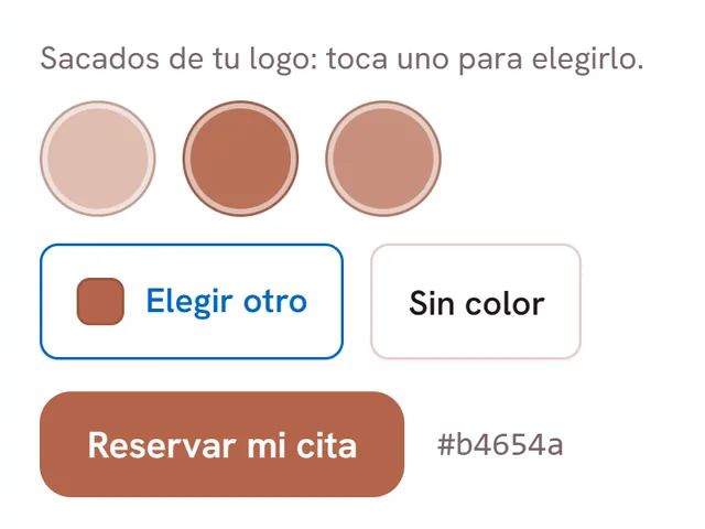 Ajuste «El color de tu marca» de la app: tres colores sacados del logo y el botón de reservar con el color elegido